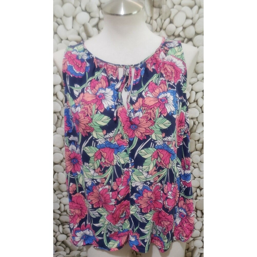 Gap Top Womens Size Medium Floral Navy Pink Rayon Boho Sleeveless Keyhole Neck